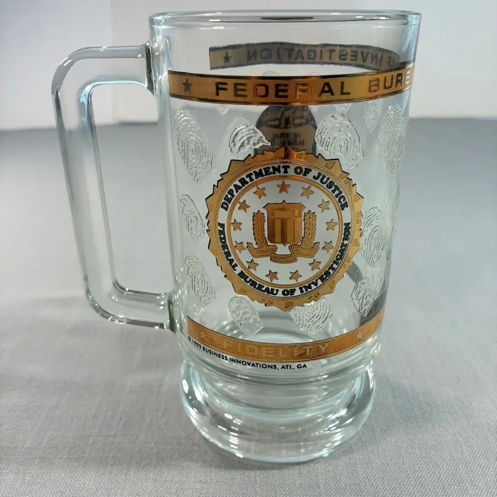 Vintage FBI Federal Bureau of Investigation Glass Beer Mug Fingerprint Stein
